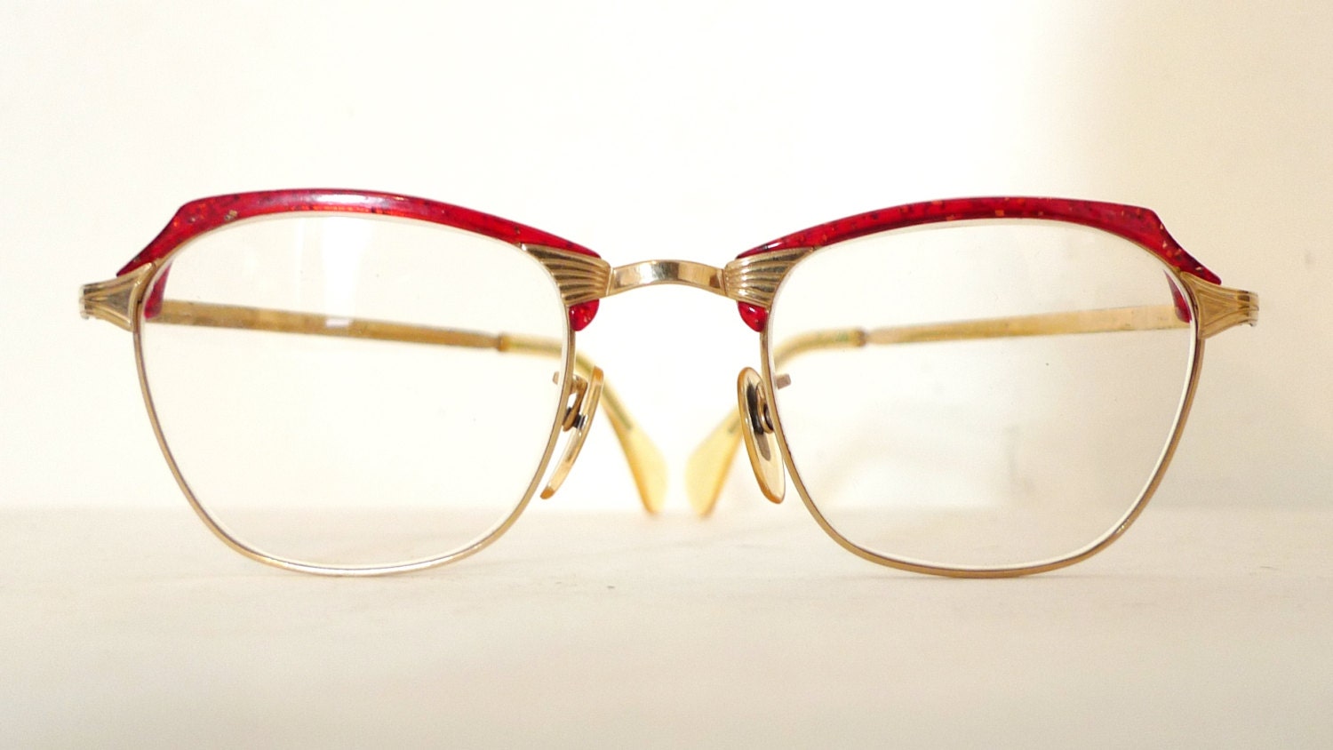 Vintage Early Gold Cat Eye Glasses Frames Glitter Red 110 12k Gf