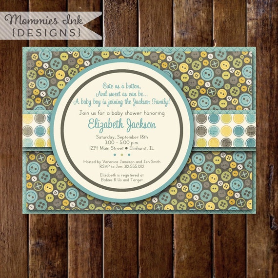 Shabby Style Cute as a Button Baby Shower Invite, Button Invitation, Button Baby Shower Invitation, Button Invite, Boy Baby Shower Invite Il_570xn