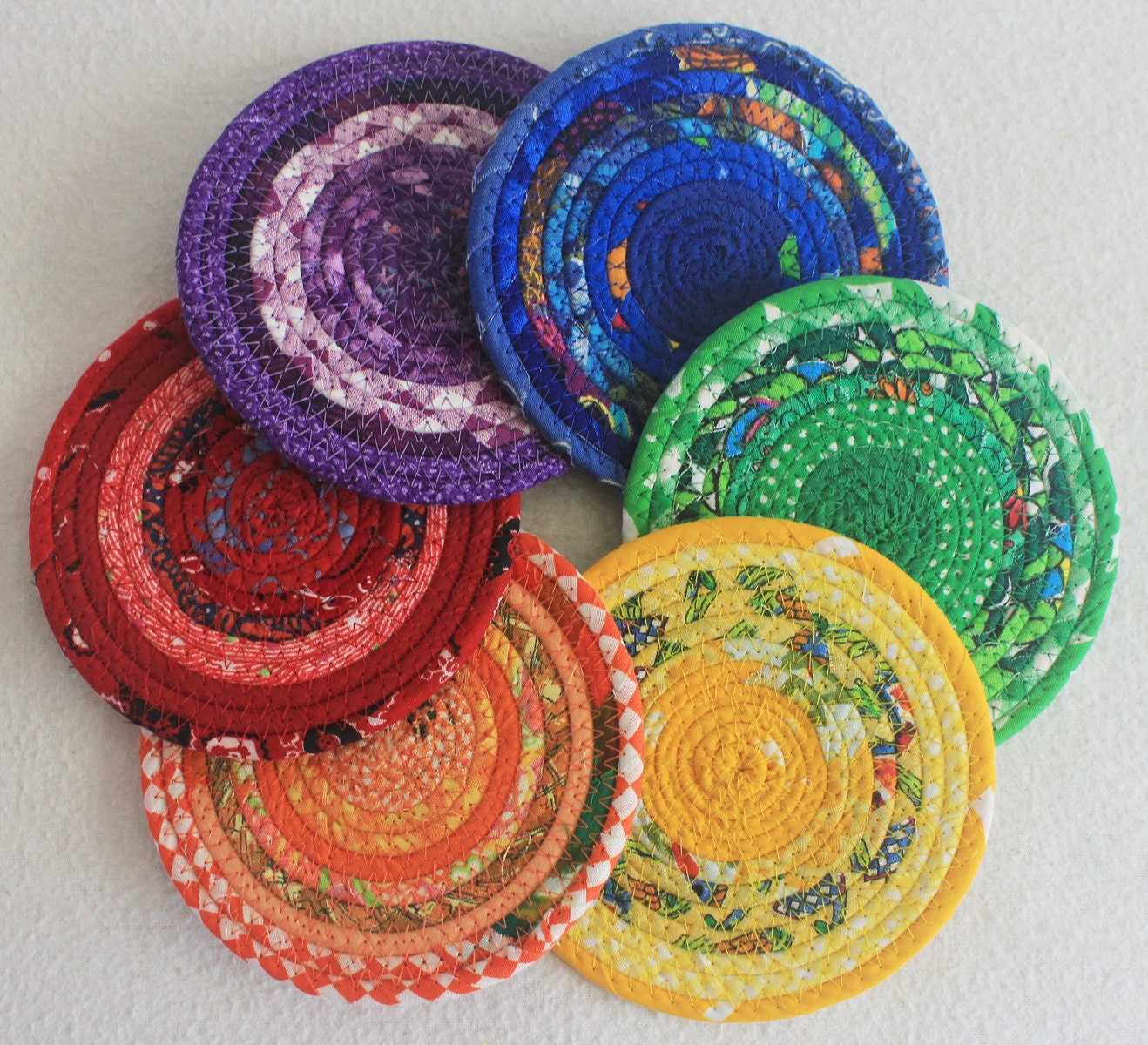 Rainbow Coiled Fabric Coasters / Coiled Rope Coasters