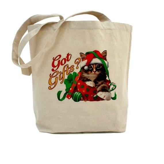 Christmas Tote Bag - Cotton Canvas Tote - Holiday Gift Bag - Cat Tote