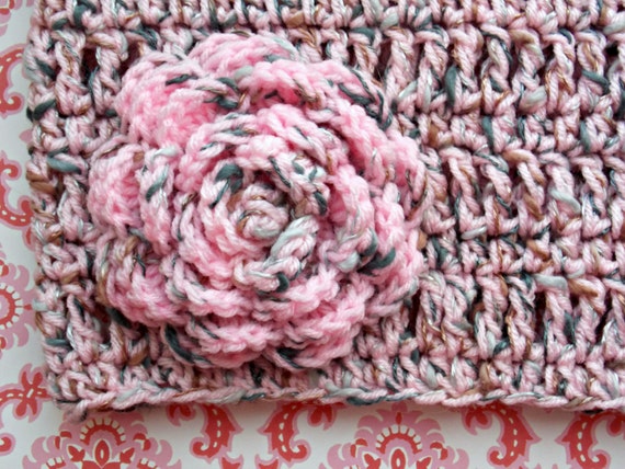 Crocheted Infinity Scarf, Cowl, Circle Scarf with Rose Brooch - Pink, Grey,Brown, Warm Accessory, Handmade Scarf