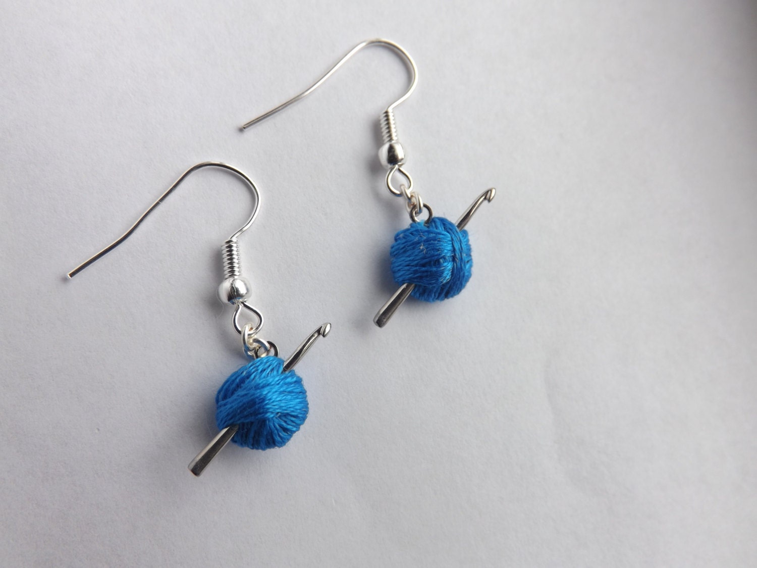 Crochet Hook Earrings Blue Yarn Ball Crochet Gift Mini