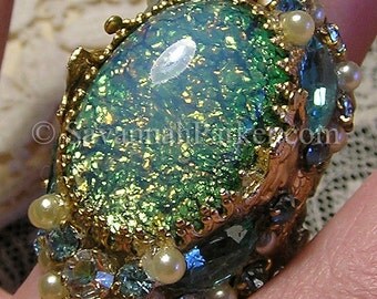 Antique Style Victorian Art Nouveau MERMAIDS Ring - Aqua-Green Glass Fire Opals Jewels - Mermaid Jewelry -Mermaid Ring