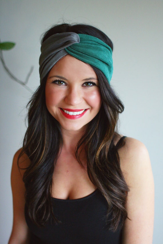 Emerald and Gray Color Block - Turban Style Headband