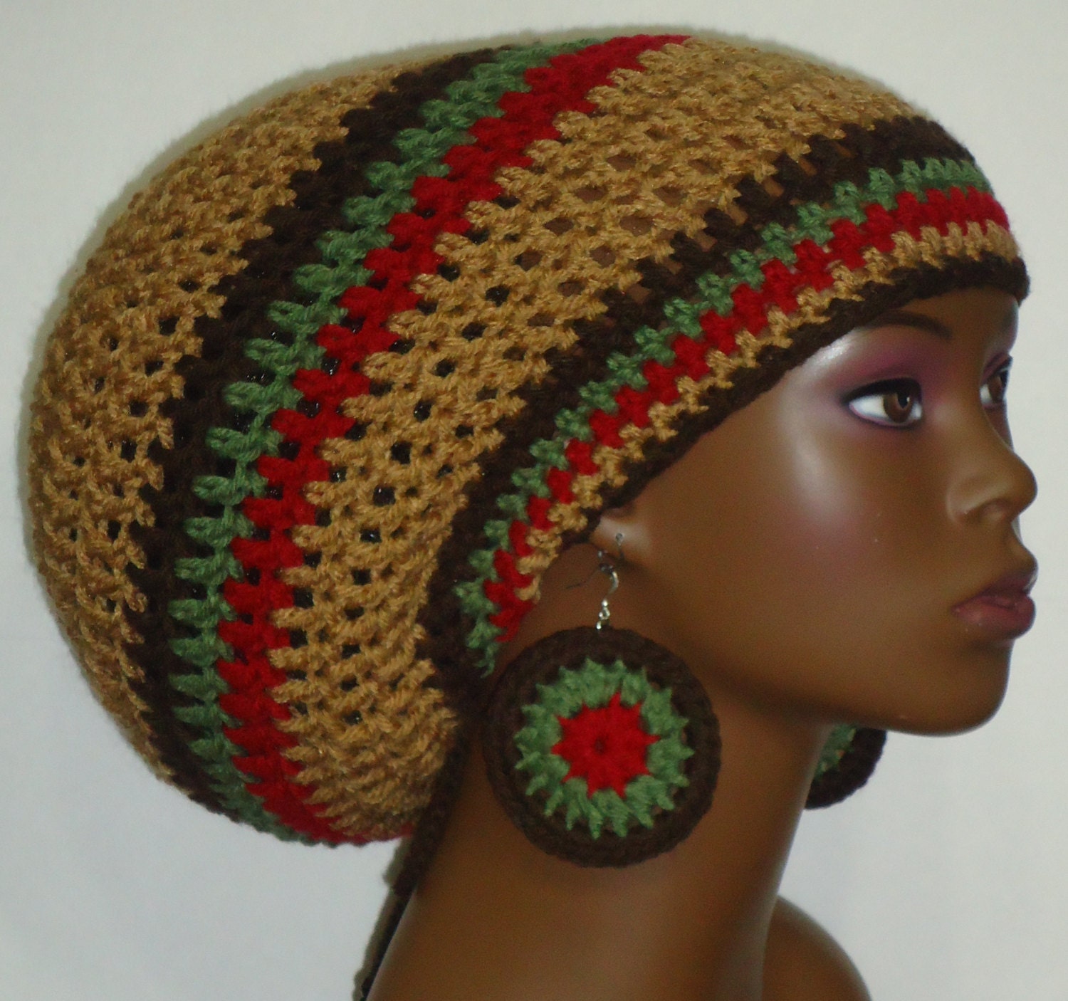 Earth Tone Crochet Rasta Tam Cap Hat with Earrings by RazondaLee