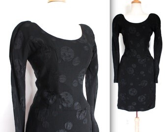 Vintage 1950's Dress // 50s Black Cocktail Wiggle Dress with Full Moon Print // DIVINE