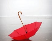 Beach Photography, Red Umbrella, RED, Summer Photograph, Summer Rain, Cool, Misty, Fog, Beach, Ocean Photograph, Cannon Beach Oregon
