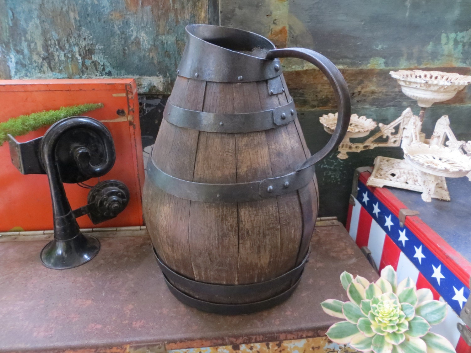 French Vineyard Wooden Oak Stave Wine Pitcher or Carafe