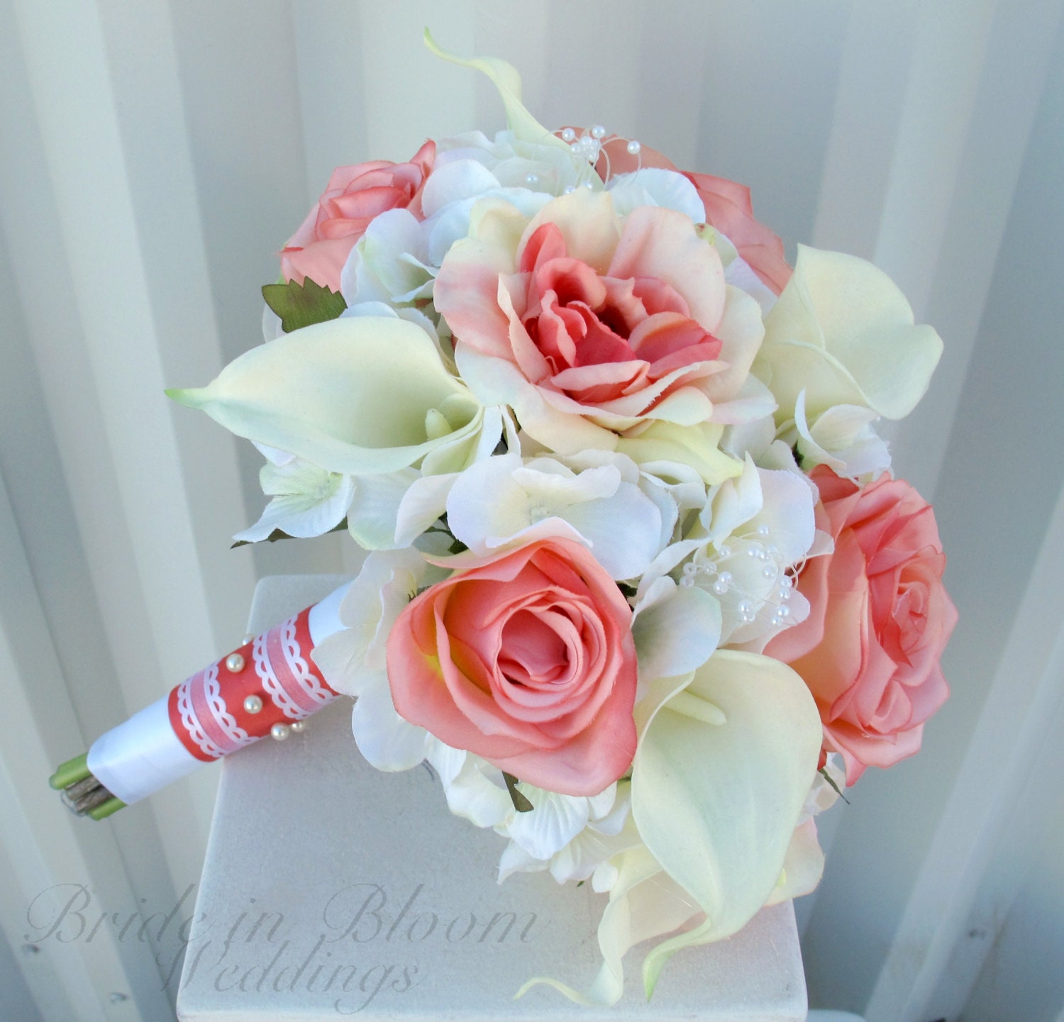 Wedding Bouquet Coral Rose White Real Touch Calla Lily 0400