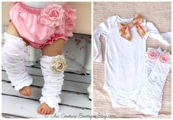 Baby Girl 1st Birthday Outfit Gift Set of 2 Items Ruffle Rose Leg Warmers, Floppy Bow Bodysuit. Pink Roses Gold Polka Dots, Christmas photos by ChicCoutureBoutique