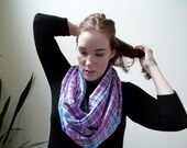 Purple Plaid Infinity Scarf - Circle Scarf / Cowl with a shiny silver thread detail, lively tartan for cold offices