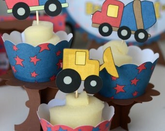 Construction Birthday Party CUPCAKE TOPPERS & Wrappers, Dump Truck Birthday Decorations