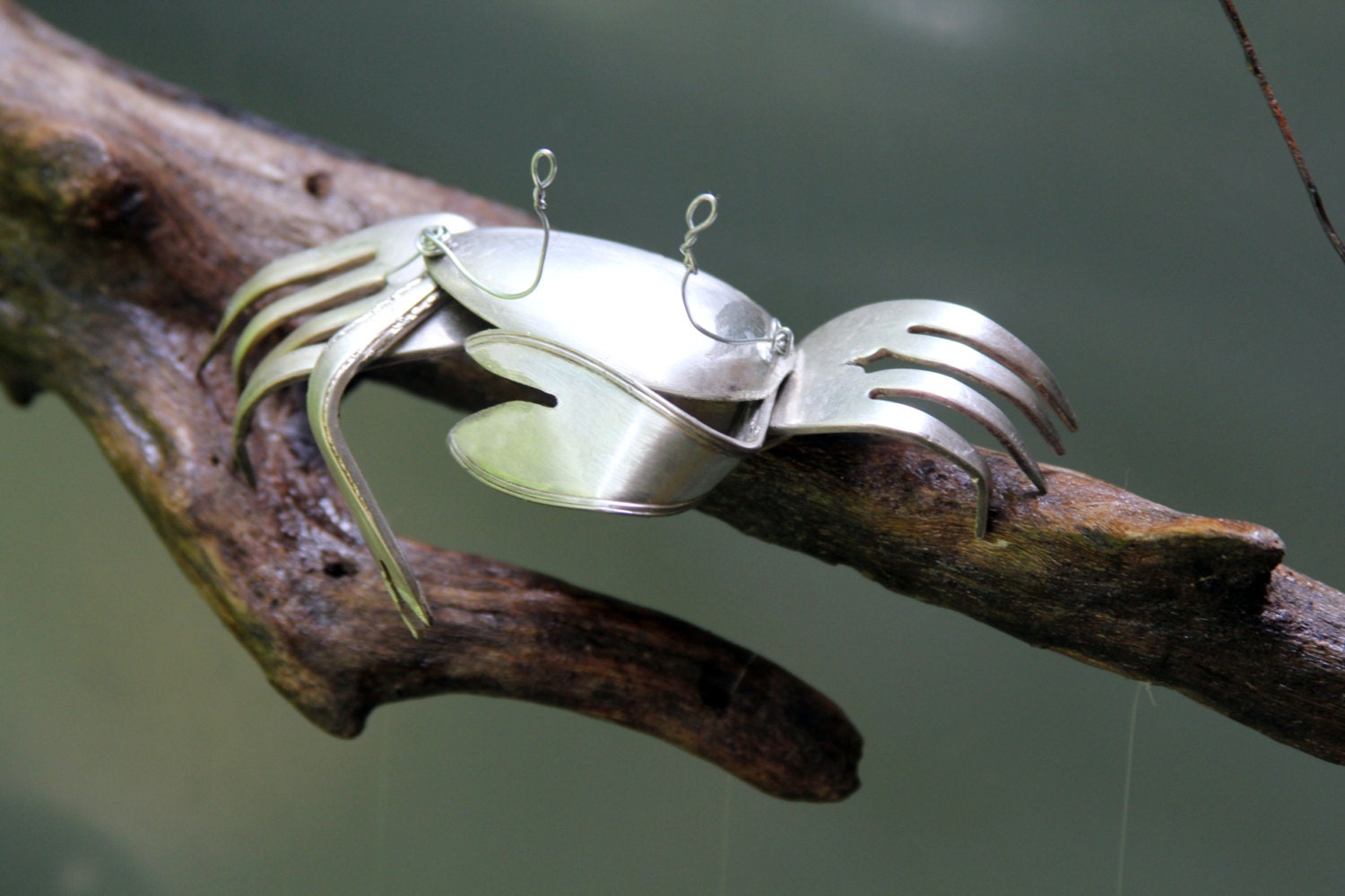Recycled Spoon Crab Fish Wind Chime Old Wooden King Snow Zoom