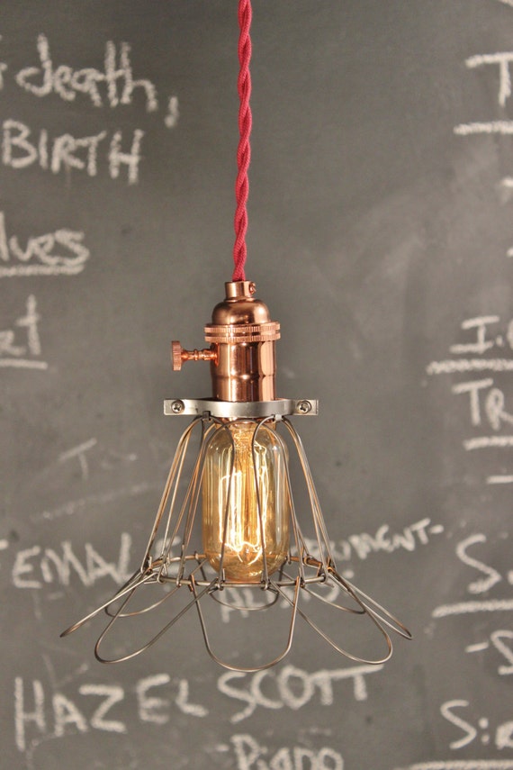 Industrial Lighting - Vintage Pendant Lamp w/ Bulb Cage - Minimalist Pendant Light - Copper Steel Antique Cord - Retro Swag Hanging Light by DWVintage steampunk buy now online