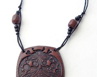 Braun Polymer Clay Pendant, Polymer Clay Jewelry, boho style, ladybug pendant, rustic, braun pendant