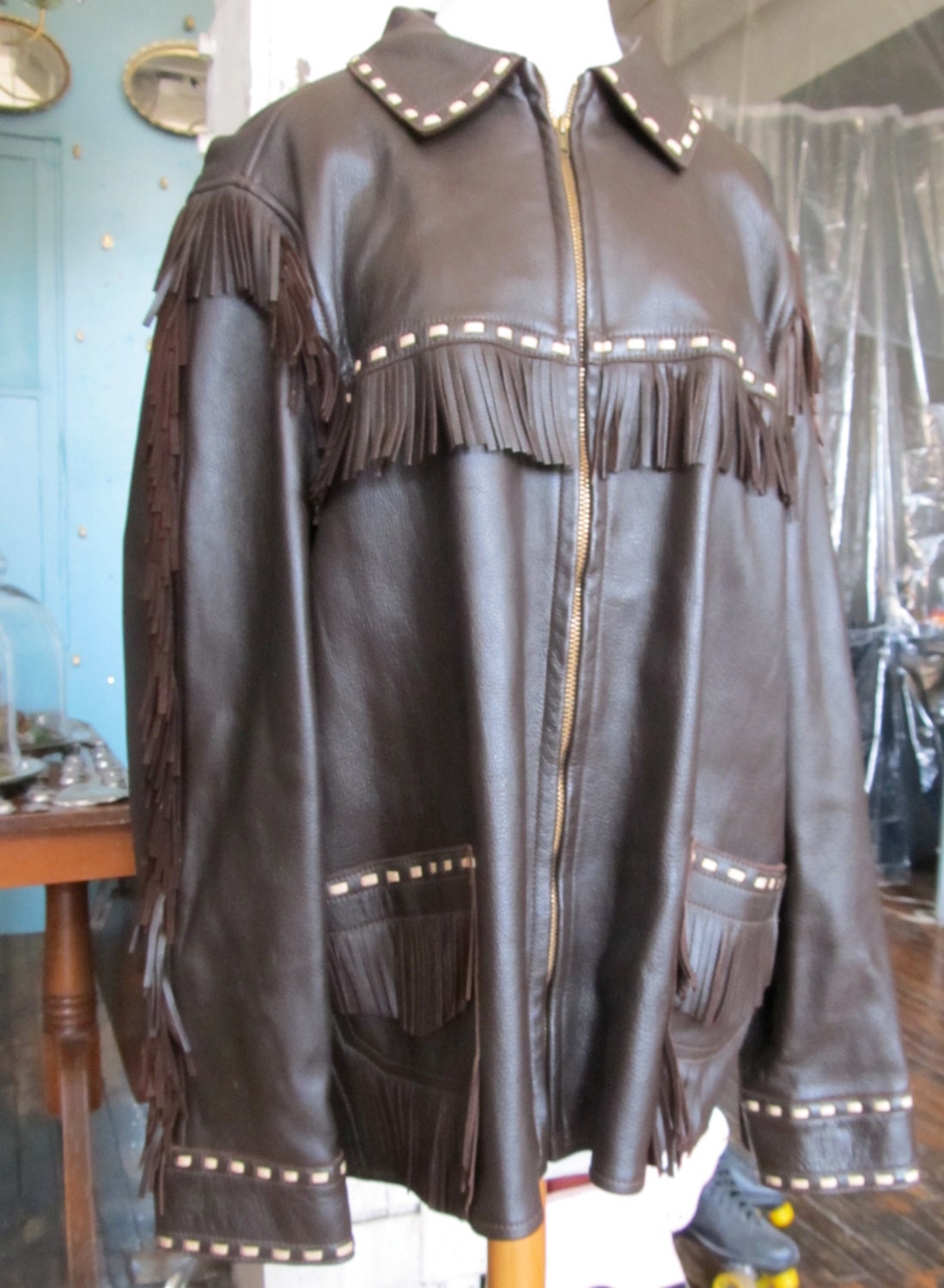 Men's Vintage Brown Leather Fringe Jacket W B Place & Co