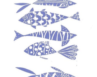 Fishes Linocut - Printmaking, Original Print - Blue Art, Hand Pulled Print