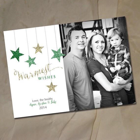 Confetti christmas card, glitter photo Christmas card design, Green and gold stars calligraphy christmas card, DIY or printed with envelopes Il_570xn