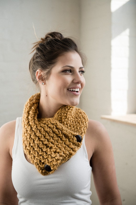 Button Scarf Short Scarf with Buttons in Mustard Buttoned