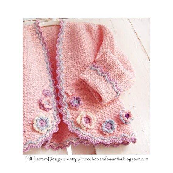 jacket crochet pattern child Pattern Jacket flowers with  for Pink  Girls Instant little Crochet