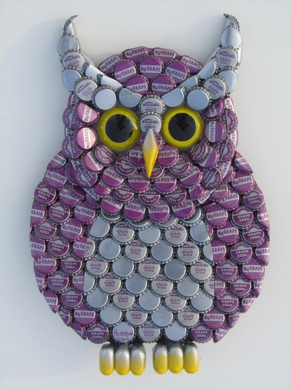 Items similar to Owl  Art Metal Bottle  Cap Purple Owl  Wall 