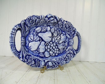 Blue China Oval Platter with Handles - Vintage 1975 Kreider Sisters Pottery Mark Serving Piece TableWare Plate - Fruit & Flowers Carved Tray