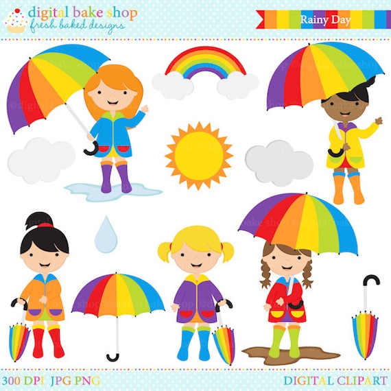 spring clip art rain rainbow clipart digital Rainy Day Clip