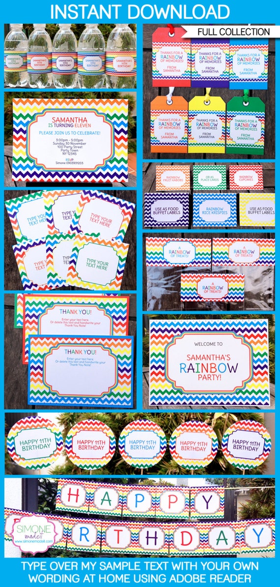 Rainbow Party Invitations & Decorations - full Printable Package - INSTANT DOWNLOAD with EDITABLE text - you personalize at home Il_570xn