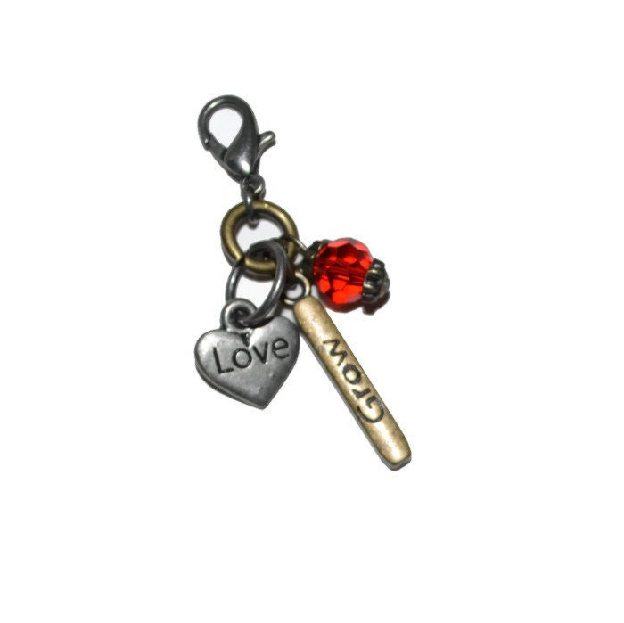 Zipper Pull Charm Love Grow Red Crystal Mixed Metals OOAK