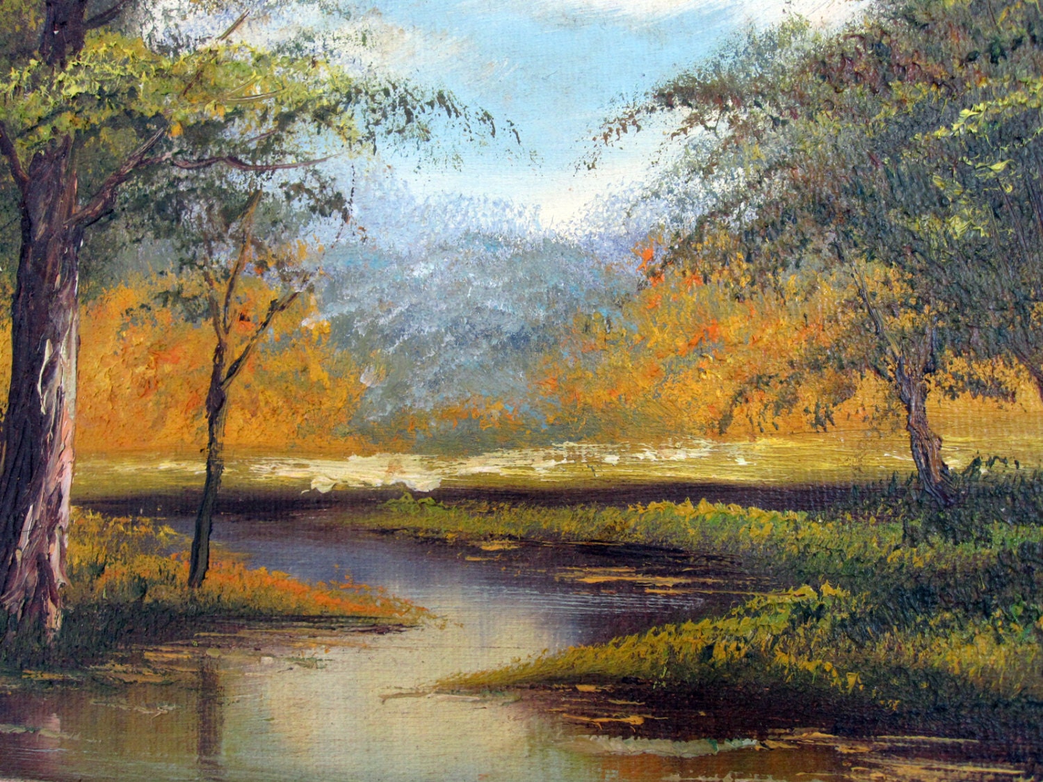 Vintage Original Art Oil Painting Natural Forest River ...