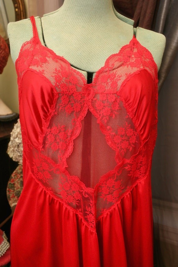 Items Similar To Vintage Red Satin And Lace Nightgown On Etsy