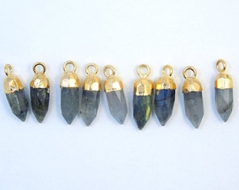 Tiny Labradorite Spike Pendant Charm with Electroplated 24k Gold Cap and Bail (S64B7-08)