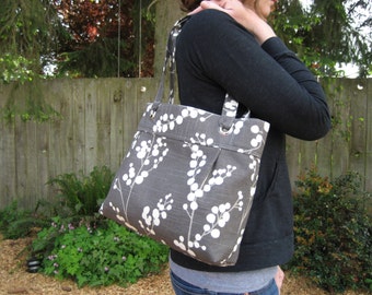 Modern Grommet Pleated Small Tote Bag or Purse--Gray Branches with Berries fabric in gray and ivory