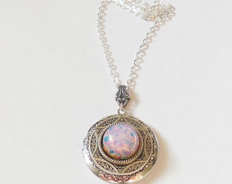 Mothers Day Gift Silver Locket necklace. Pink Fire Opal Necklace--photo locket -gift for her-opal necklace.silver locket bridesmaid gift