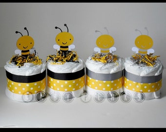 Set of 4 Mini Bee Diaper cakes ,Bumble Bee Diaper Cake , Mother to Bee Baby Shower, Baby Shower Decorations, Grey and Yellow