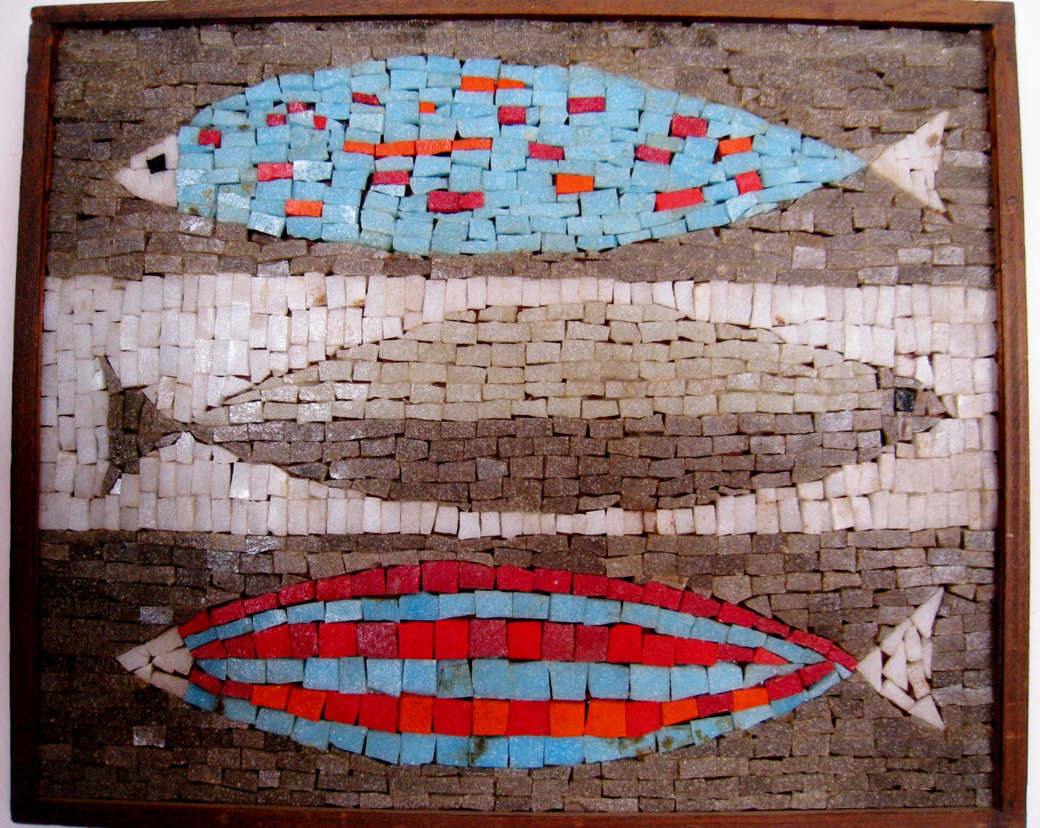 vintage mid century modern fish mosaic Italian tile art piece