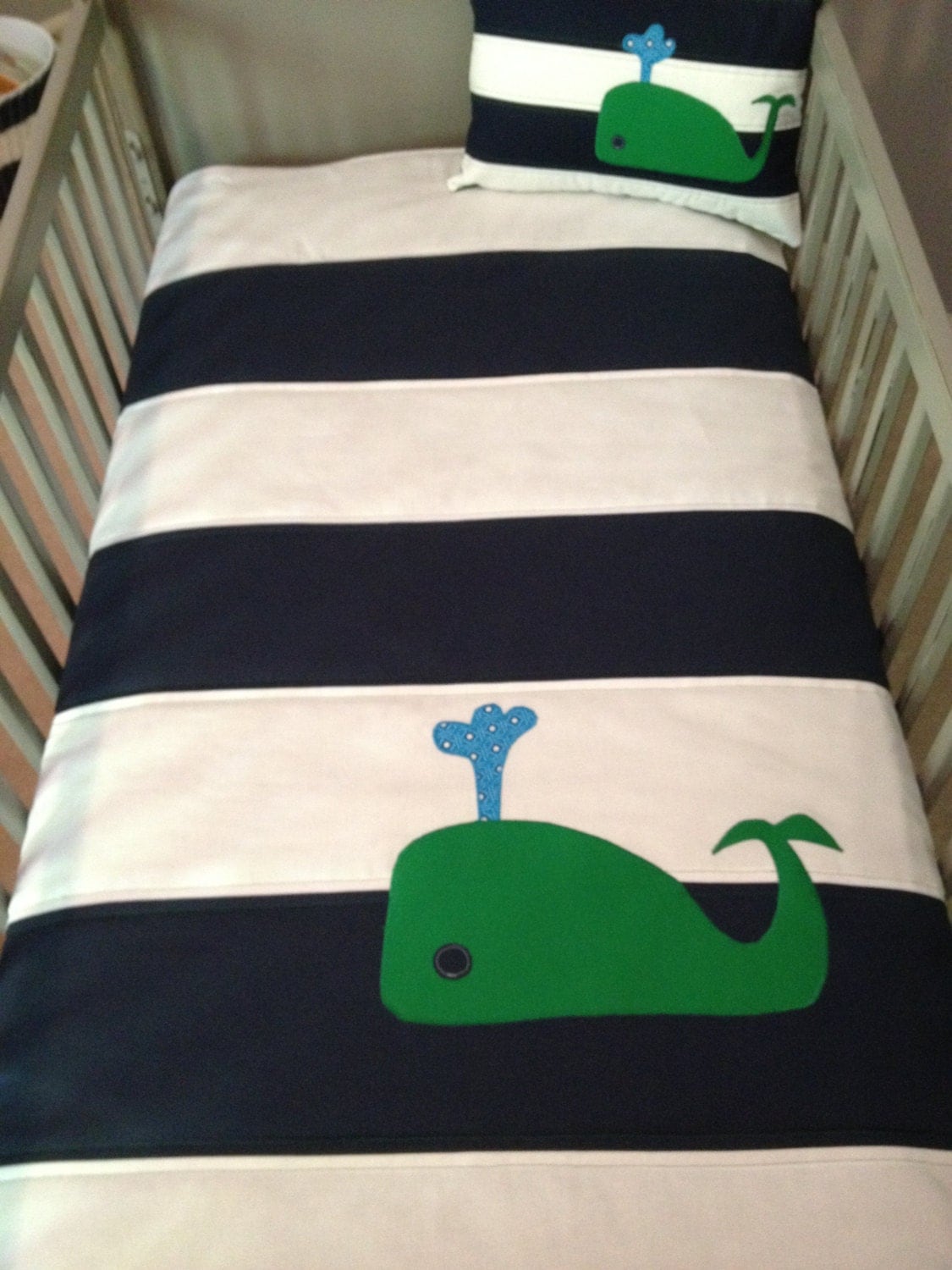 Items similar to Navy and White Striped Nursery Quilt, Pillow and Crib