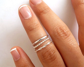 3 Knuckle Rings - Sterling Silver Knuckle Rings - Above Knuckle Rings - Silver Midi Rings - Twisted Ring - Beaded Ring - Plain Ring