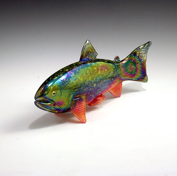 Hand Blown Glass Salmon Sculpture Brook Trout by KevinFultonGlass