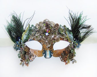 Fantasy Atlantida Headpiece Peacock Masquerade Mask, Crystal Art Nouveau Venetian Mask, Masque Accessories