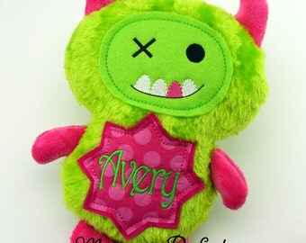 AVERY - Already Personalized Lime Green & Hot Pink Monster Stuffed Plush Doll (Ready To Ship)