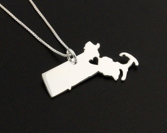 Personalized Massachusetts necklace sterling silver state necklace with heart Engraveable LOVE Massachusetts - Hometown Memory Gift