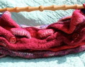 Wave knit wool clutch with turned wood handle in cherry