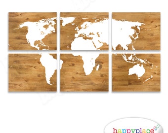 Map Of The World On Wood World Map Print Panels as printable digital files- Six 11x14inch jpeg images included Wood Background and Large World Map in White Wall Art