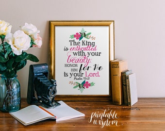 Bible verse art Printable, Christian nursery wall art print poster decor Psalm 45:11 inspirational quote laurel calligraphy INSTANT DOWNLOAD