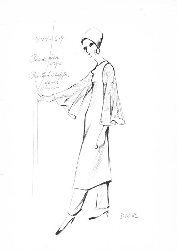 House of Christian Dior Original Vintage Fashion Sketch Stat