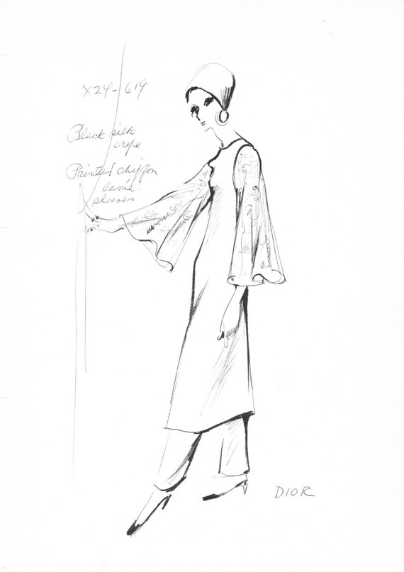 House of Christian Dior Original Vintage Fashion Sketch Stat