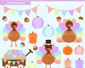 CIJ SALE - Cute Thanksgiving Clip Art - Chic Thanksgiving Turkey Clipart - Fall, Pumpkin, Acorns, Banner, Wagon, Pink, Purple, Blue Il_170x135