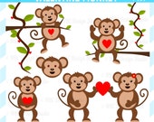 CIJ SALE - Valentine Monkey Clip Art - Jungle Animal Clip Art - Cute Monkey Clipart - Valentine Clipart - Cute Monkey, Vines, Tree, Heart Il_170x135