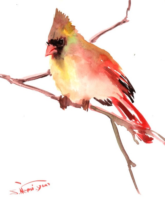 Female Northern Cardinal Original watercolor painting 10 X 8